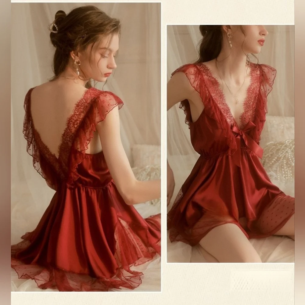 French Lace Sexy Gauzy Pyjama + G-string, size S-XL - Picture 4 of 8